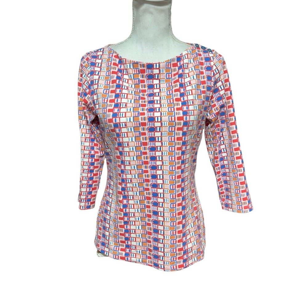 J. McLaughlin Catalina Cloth 3/4 Sleeve Signature Top Geometric Multicolor S